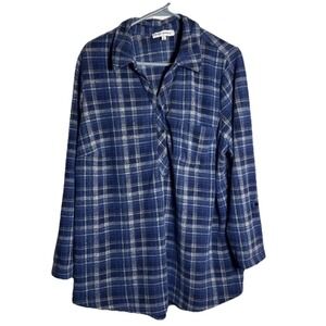 Emily Daniels Womens 1X Blue Plaid Tunic Top Stretch Long Sleeve Pullover